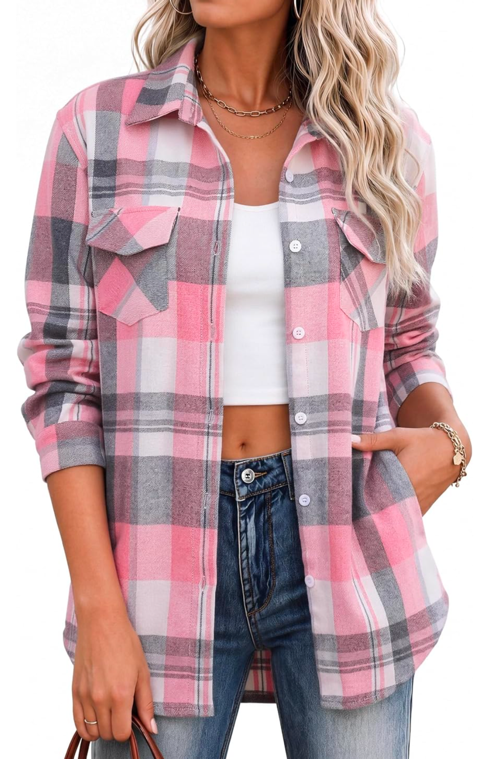 Women's Cozy Pink &amp; White Button Flannel