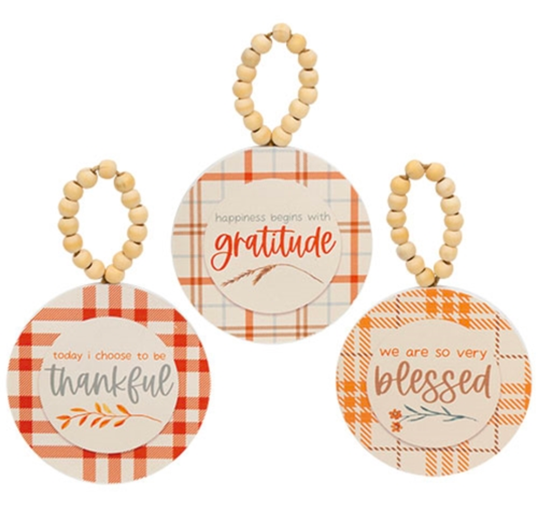 Thankful/Blessed/Gratitude Plaid Beaded Round Ornament