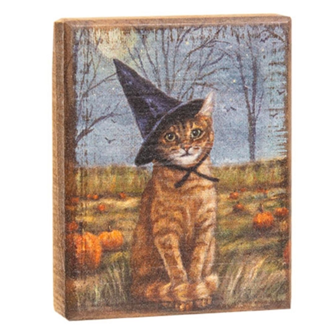 Distressed Wooden Witch Cat Block