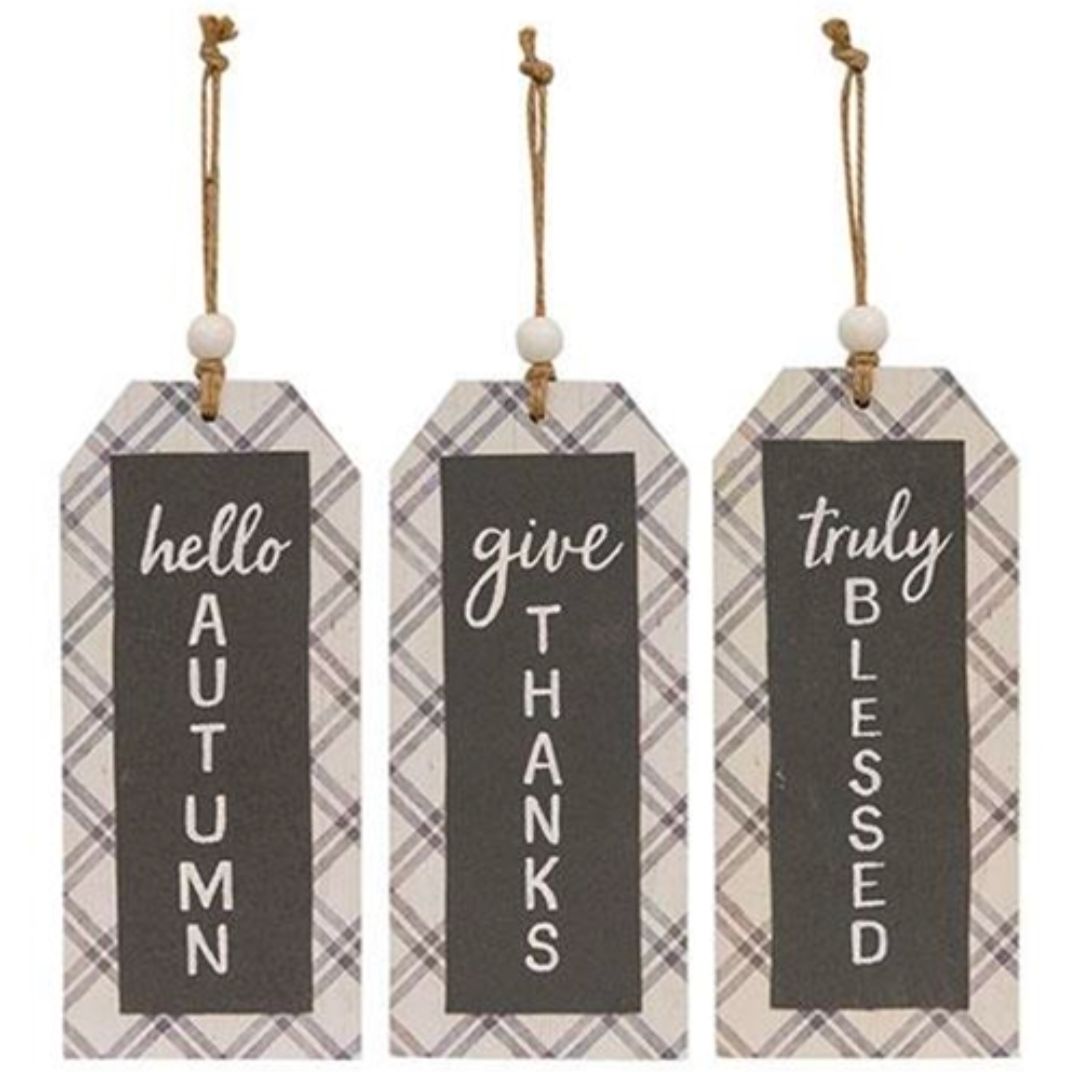 Fall Plaid Beaded Wood Tag