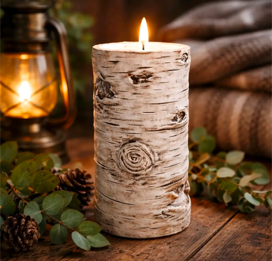 6" Birch Moving Flame Led TIMER Pillar Candle