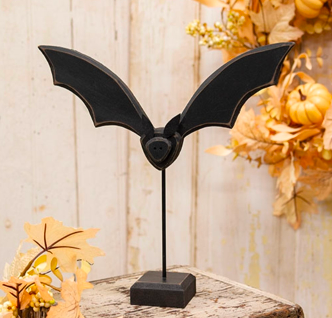 Primitive Wooden Flying Bat on Base