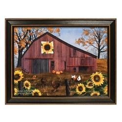 Primitive Country Sunflower Quilt Block Barn Framed Print - 16"x12"