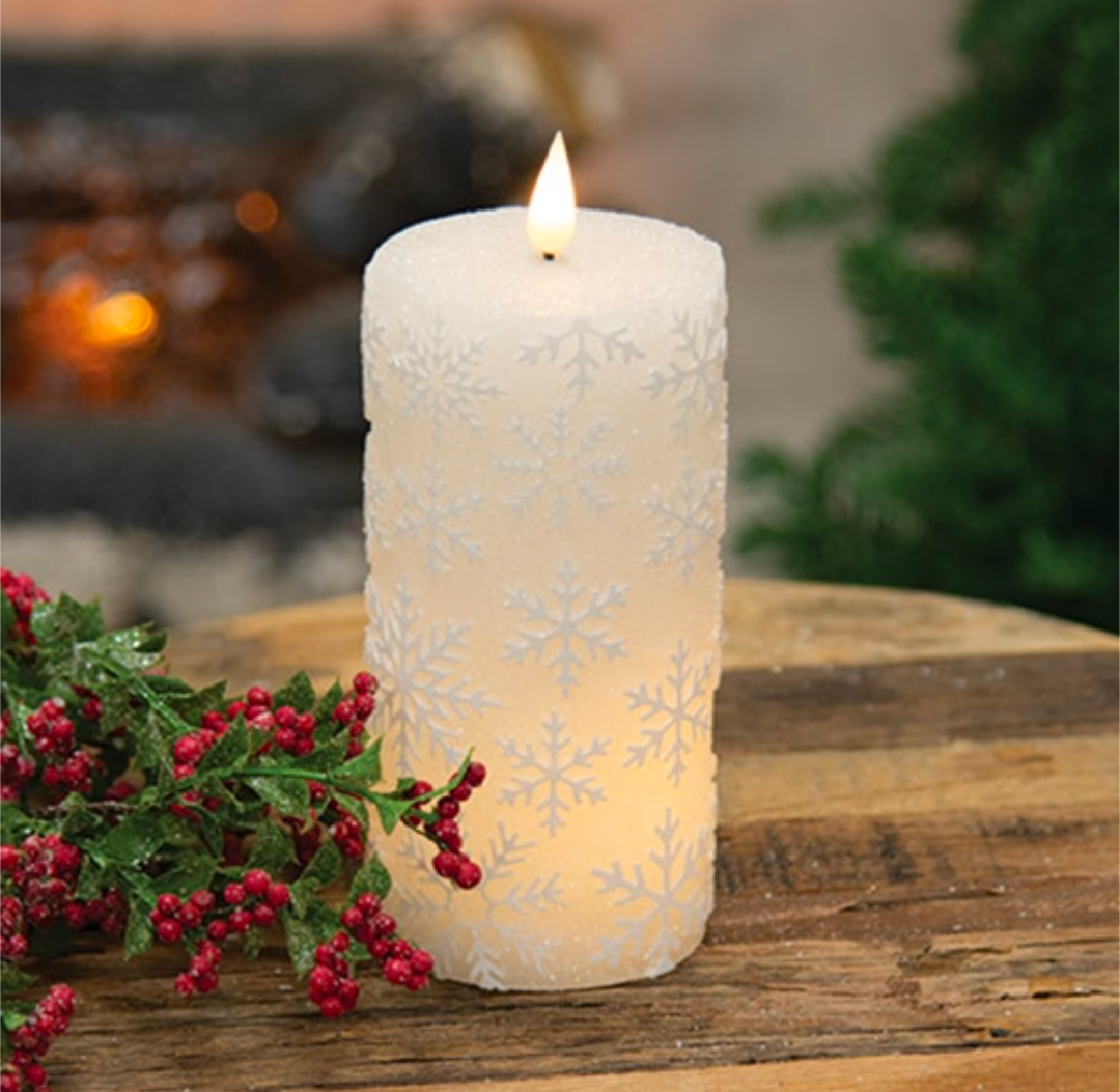 5" Sparkling White Snowflake LED Timer Pillar Candle
