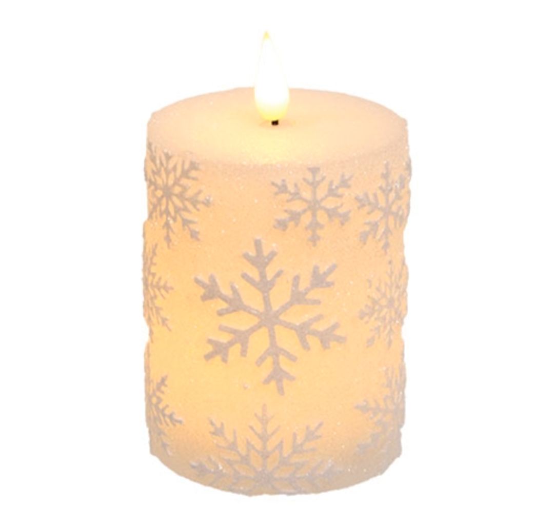 4" Sparkling White Snowflake LED Timer Pillar Candle