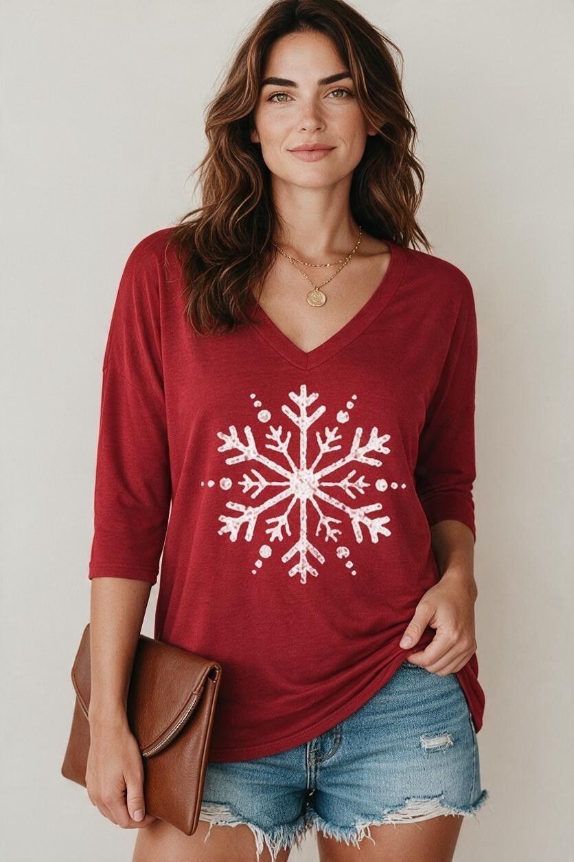 Red Snowflake 3/4 Sleeve Graphic Tee Shirt