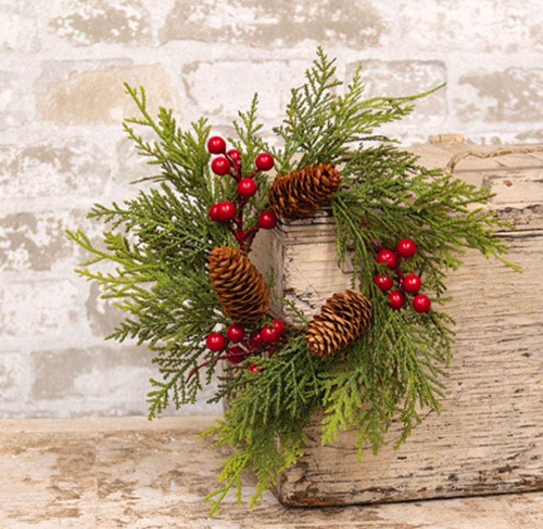 3-1/2" Real Touch Mixed Cedar &amp; Red Berry Candle Ring