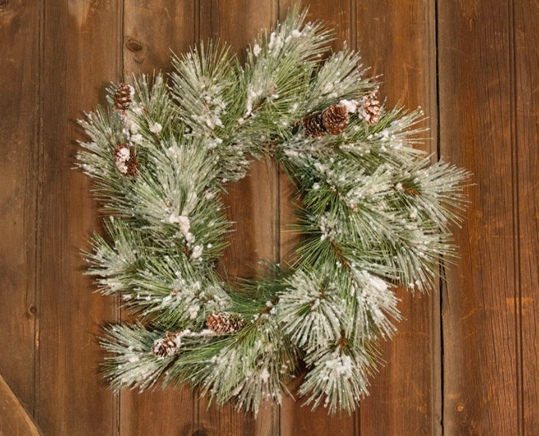 18" Flocked Pine Wreath w/Pinecones