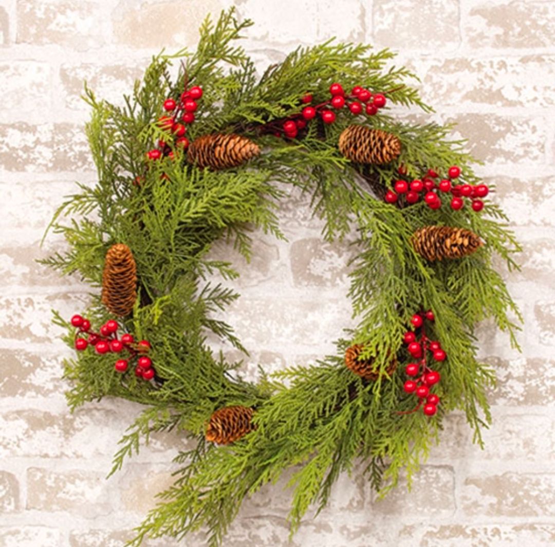 22" Real Touch Mixed Cedar &amp; Red Berry Wreath