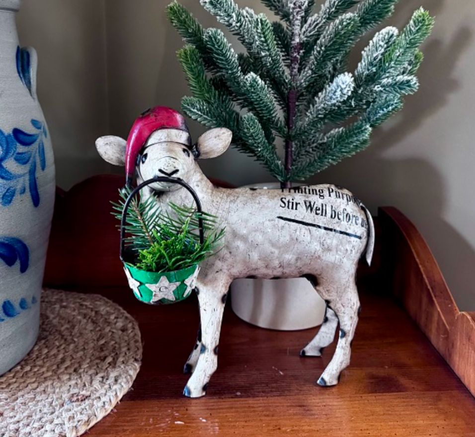 Primitive Recycled Metal Tinsel Christmas Sheep Shelf Sitter