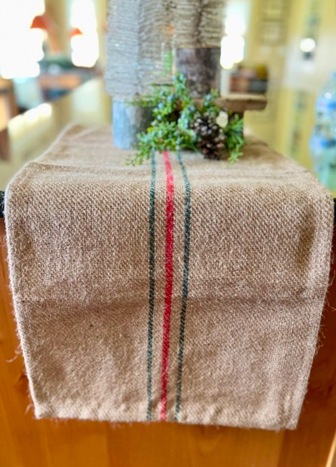 34" Jute Red Green Stripe Short Table Runner