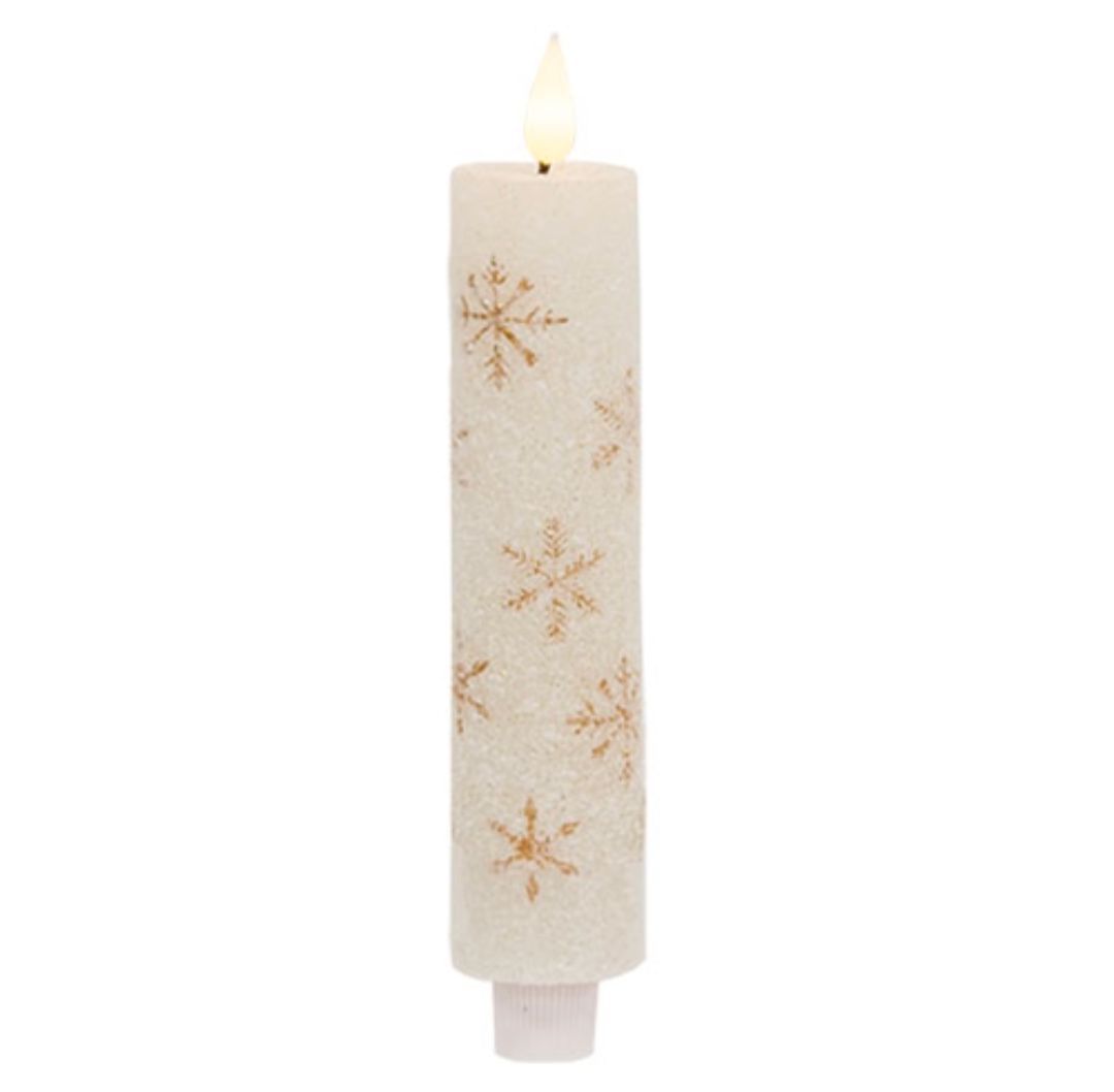 8" Thick Glittered Gold Snowflake LED Taper Candle