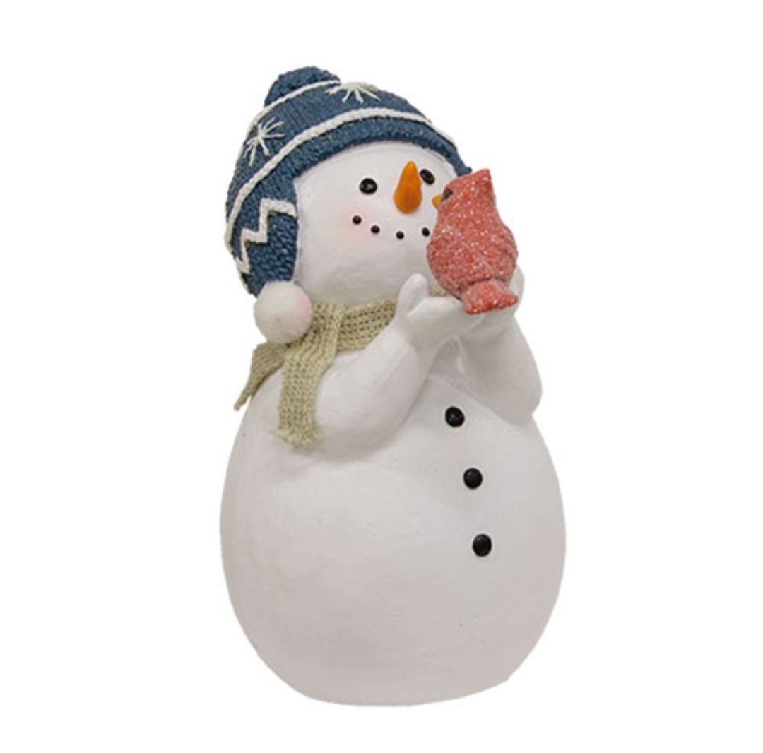 Resin Snowman with Blue Hat Holding Cardinal