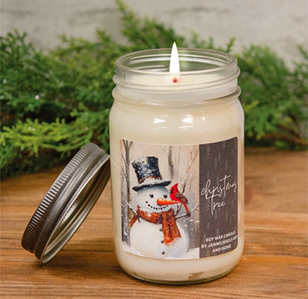 Christmas Tree Snowman &amp; Cardinal Mason Jar Candle