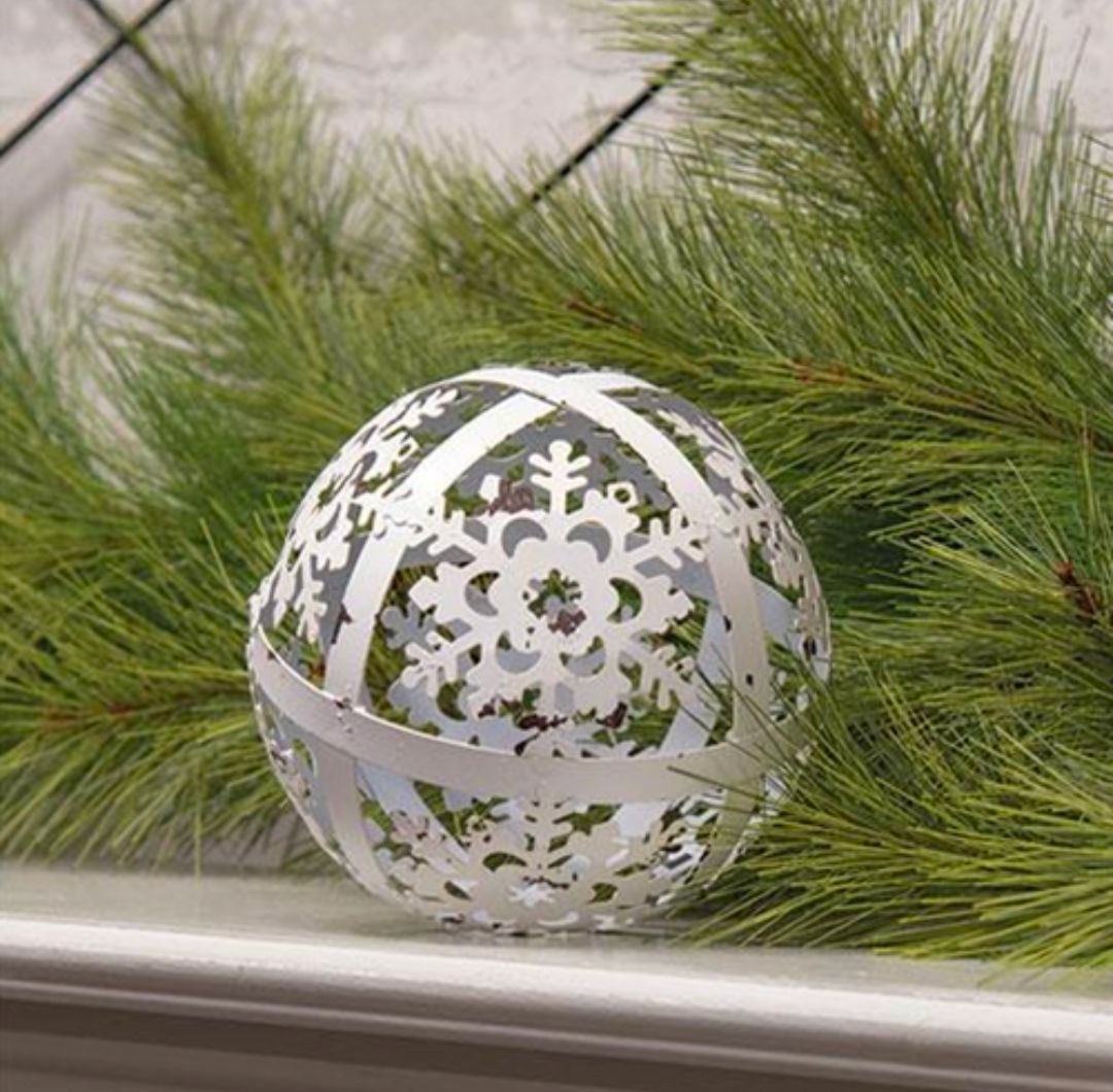 4" White Distressed Metal Snowflake Sphere