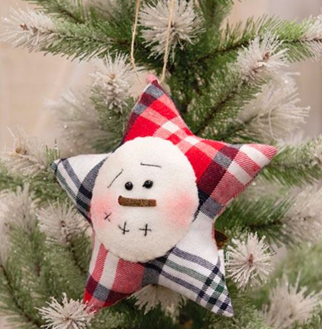 Crimson Plaid Snowman Star Ornament
