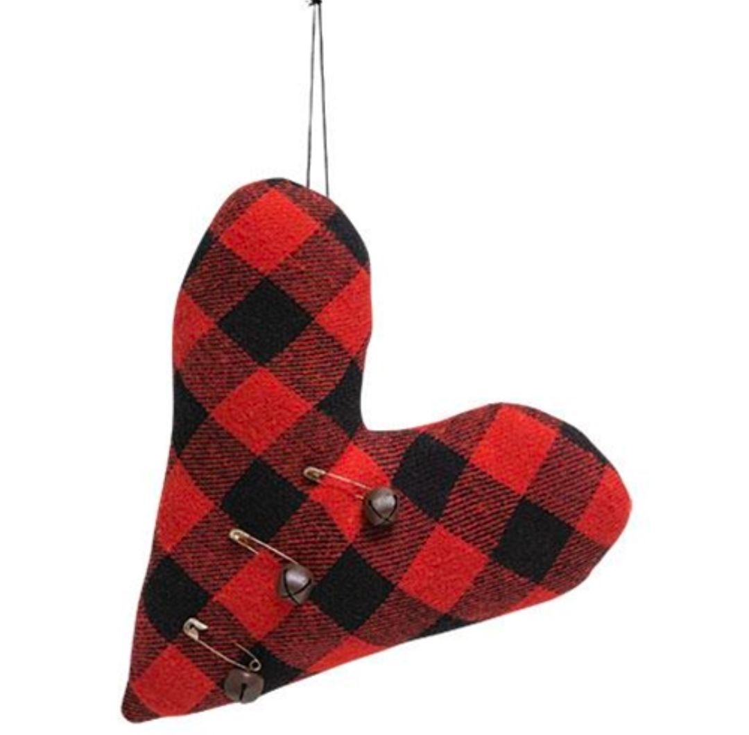 Felt Red &amp; Black Plaid Heart Pillow Ornament w/Rusty Jingle Bells