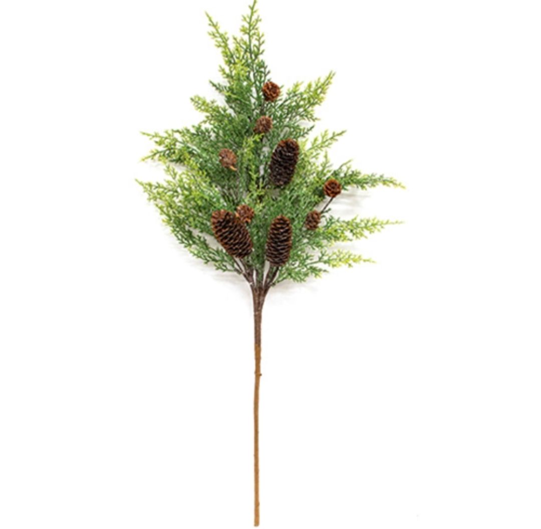 29" Glistening Weeping Cedar &amp; Pine Cones Floral Pick