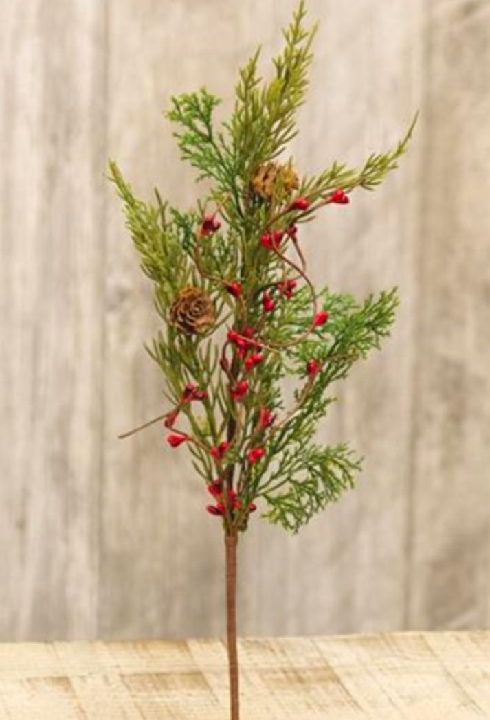 14" Evergreen Pine w/Red Pips Floral Pick