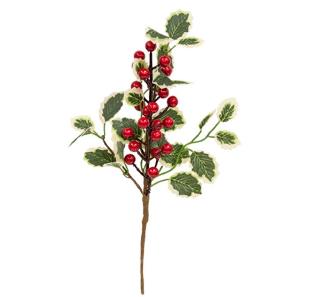 13" Holly Leaves &amp; Red Berries Floral Pick