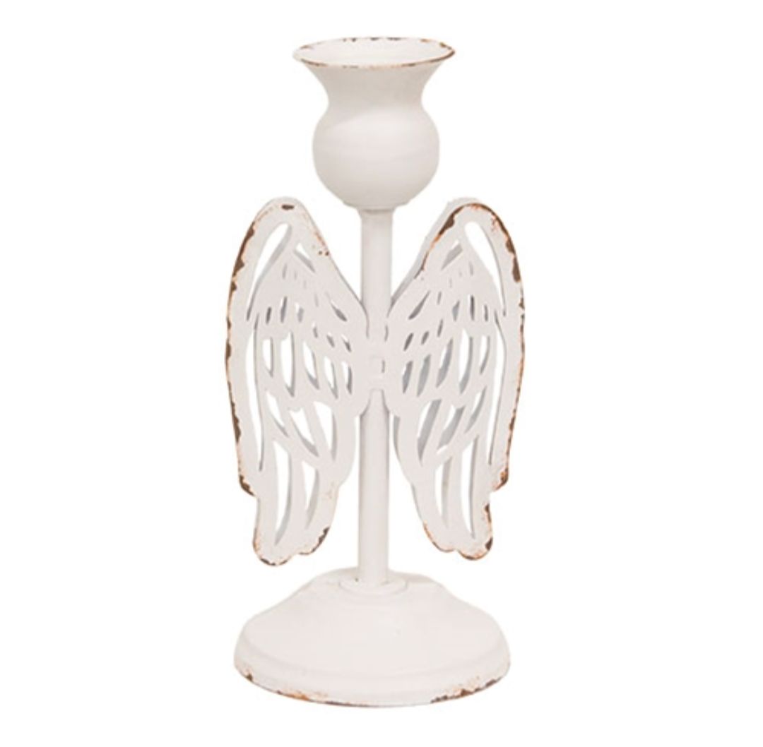 Distressed Metal Angel Wing Taper Candle Holder