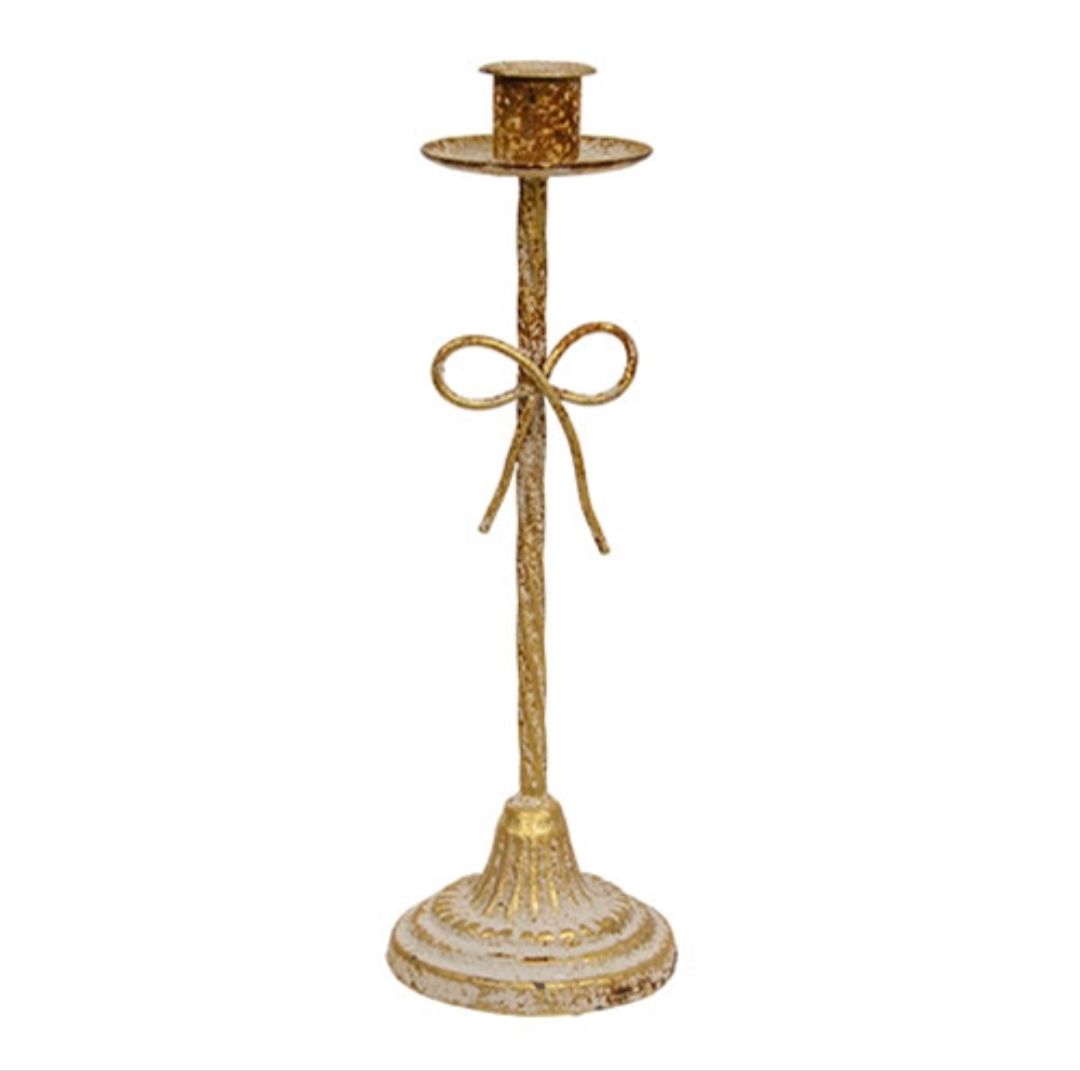 Distressed Metal Bow Taper Candle Holder
