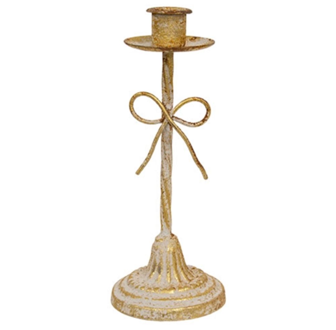 Distressed Metal Bow Taper Candle Holder