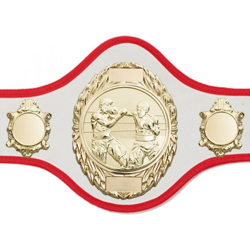 Professional Championship Belt White with Red Trim & Gold Plate  FULLY ENGRAVED (Printed Side Logos FREE)