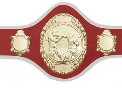 Professional Championship Belt Red with White Trim & Gold Plate  FULLY ENGRAVED (Printed Side Logo's FREE)