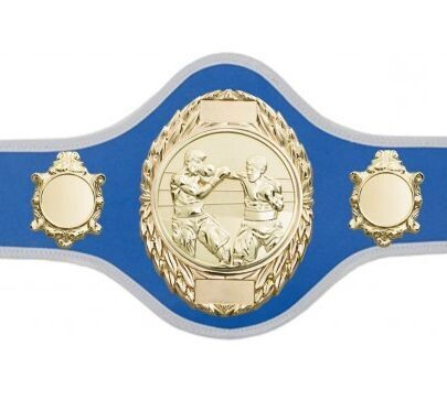 Professional Championship Belt Blue with White Trim & Gold Plate  FULLY ENGRAVED (Printed Side Logo's FREE)
