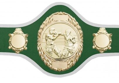 Professional Championship Belt Green with White Trim & Gold Plate  FULLY ENGRAVED (Printed Side Logo's FREE)
