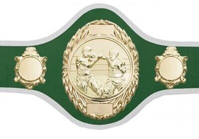 Professional Championship Belt Green with White Trim & Gold Plate FULLY ENGRAVED (Printed Side Logo's FREE)