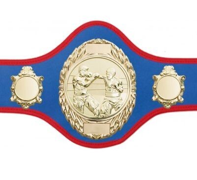 Professional Championship Belt Blue with Red Trim & Gold Plate FULLY ENGRAVED (Printed Side Logo's FREE)