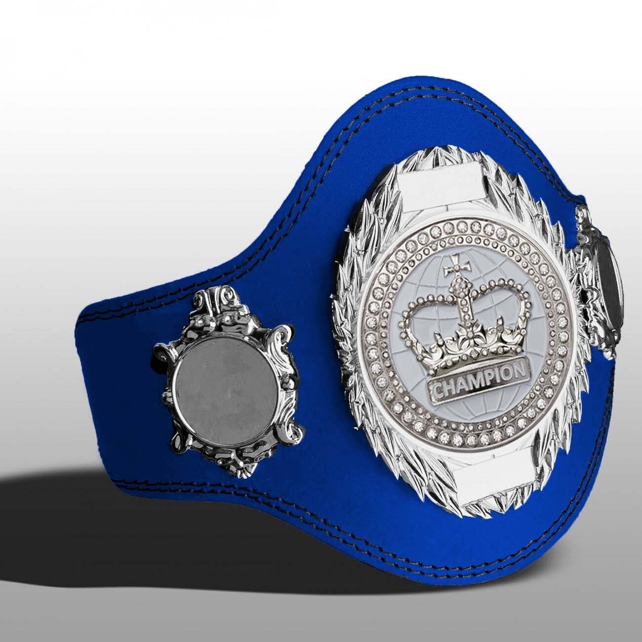 Boxing Championship Belt Blue with White Gem FULLY ENGRAVED (Printed side Logos FREE)