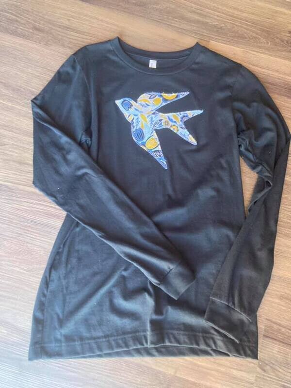 Black Long Sleeve Embroidered Bird Tee