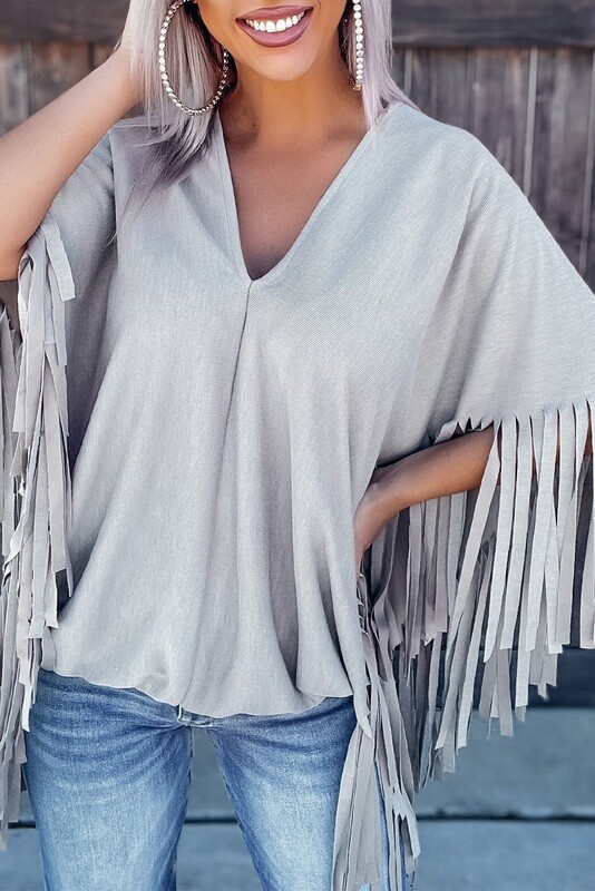 Grey Fringe V-Neck Tee