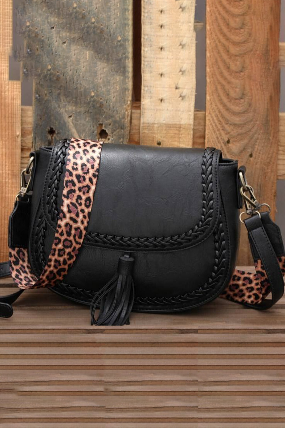 Black Tassell Faux Leather Handbag w/ Leopard Strap