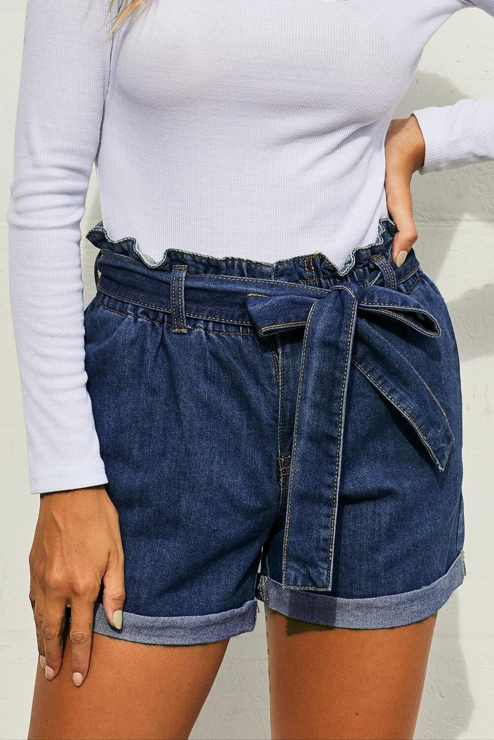 Medium Denim Paper Bag Waist Shorts