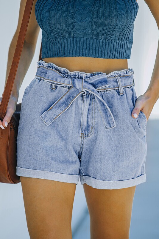 Light Denim Paper Bag Waist Shorts