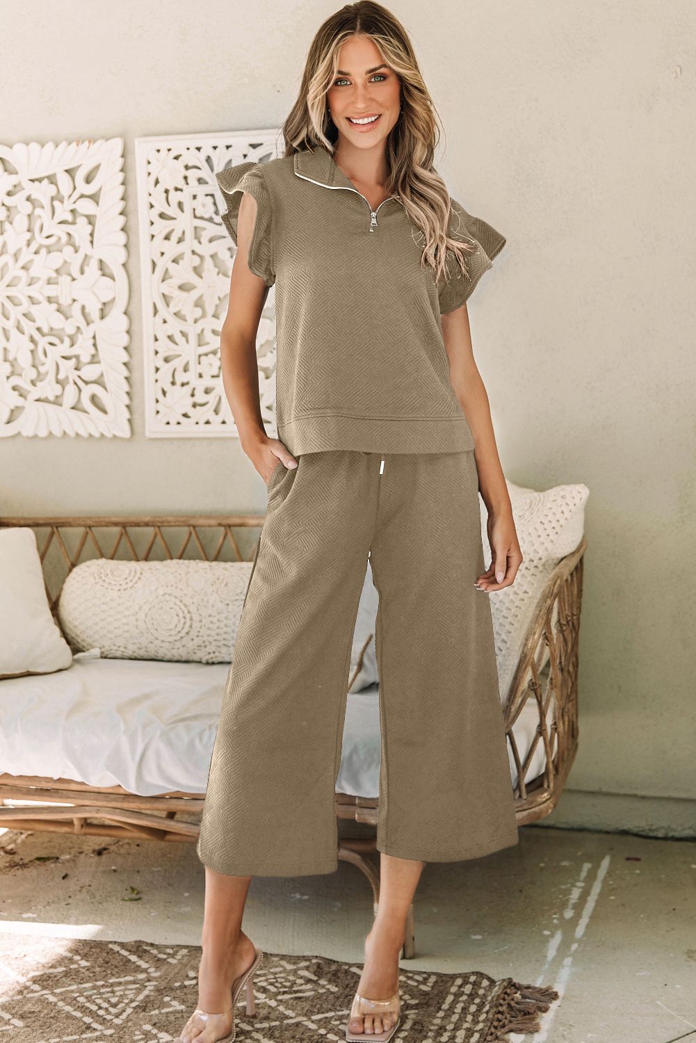 Khaki Textured Capri Set