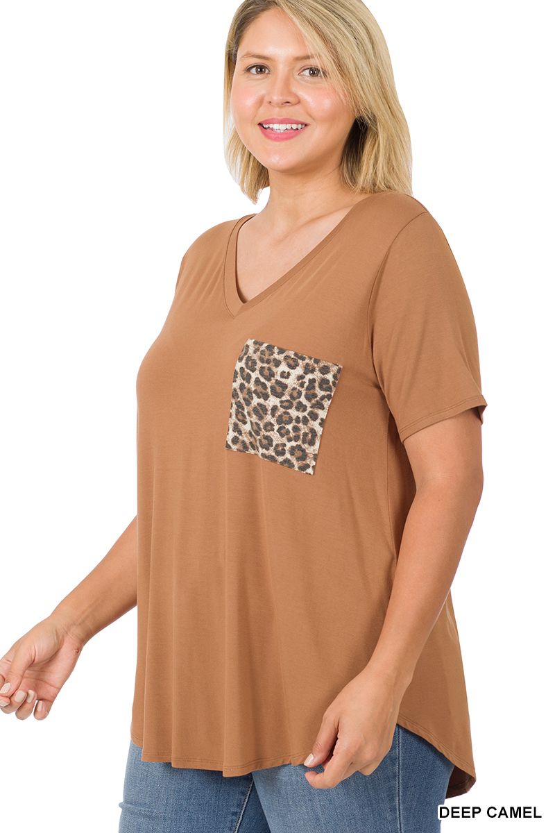Camel Colored Tee with Leopard Pocket