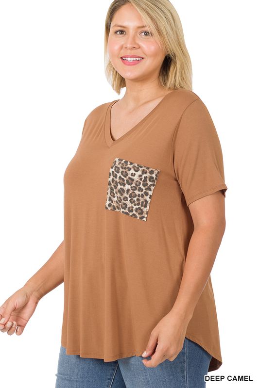 Camel Colored Tee with Leopard Pocket