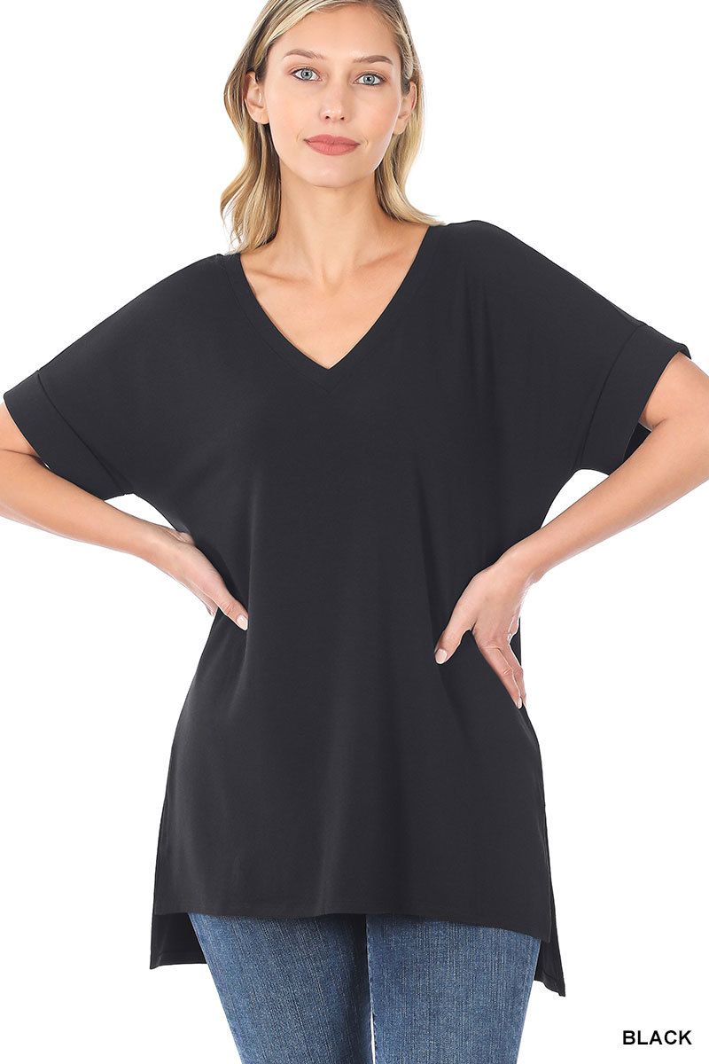 Black V-Neck Short Sleeve Top