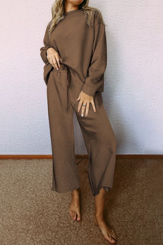Brown Textured Wide Leg Pant Set