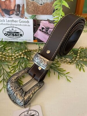Brown Stitched Belt with Floral Buckle Set 44" - 49" waist