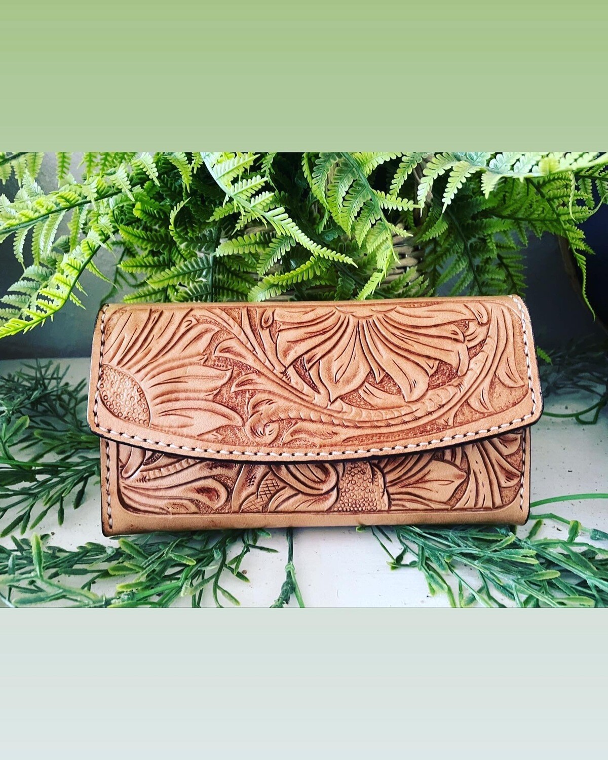 Handcarved sunflower leather wallet
