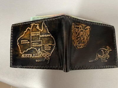 Genuine Leather Handcarved Australian map kangaroo and Koala Wallet