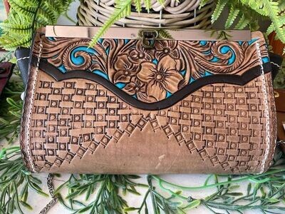 Natural Vegetable Tanned Leather Handcarved Clutch with Turquoise accents