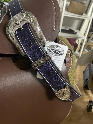 Western Floral Purple black Leather Belt with Longhorn Buckle Set