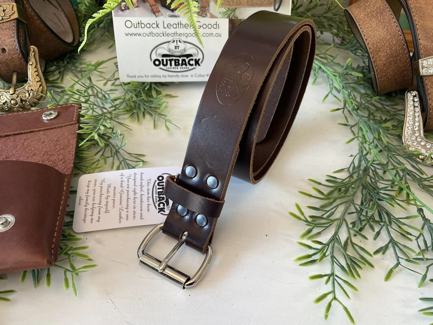 Saddler's Premium Dark Brown Polished Natural English bridle leather Belt with a Stainless Steel Roller Buckle Set